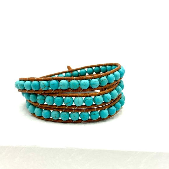 HAND CRAFTED Wrap Bracelet with Turquoise Howlite and Feather Charm - Picture 3 of 8